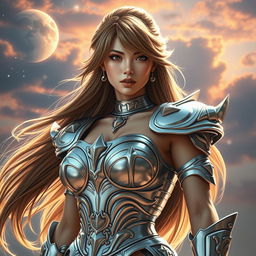 A gorgeous Japanese woman inspired by the Saint Seiya universe, depicted in real-life settings
