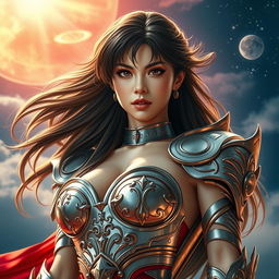 A gorgeous Japanese woman inspired by the Saint Seiya universe, depicted in real-life settings