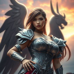 A gorgeous Japanese woman inspired by the Saint Seiya universe, depicted in real-life settings
