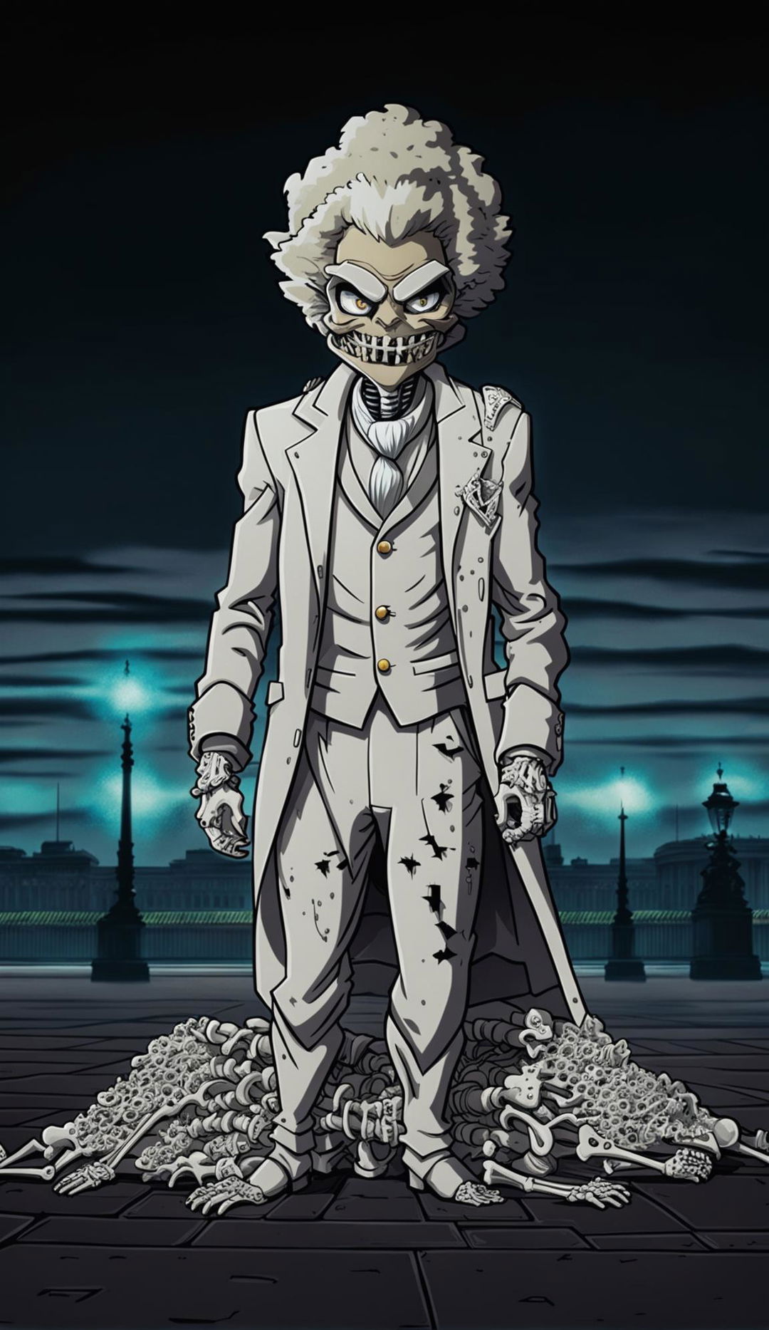 Anime-style British villain with rotten teeth, looking scary in front of Buckingham Palace while standing on a pile of skeletons