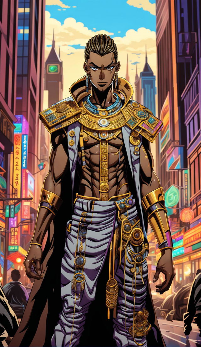 Anime-style Ethiopian villain, holding gold menacingly in a futuristic African city