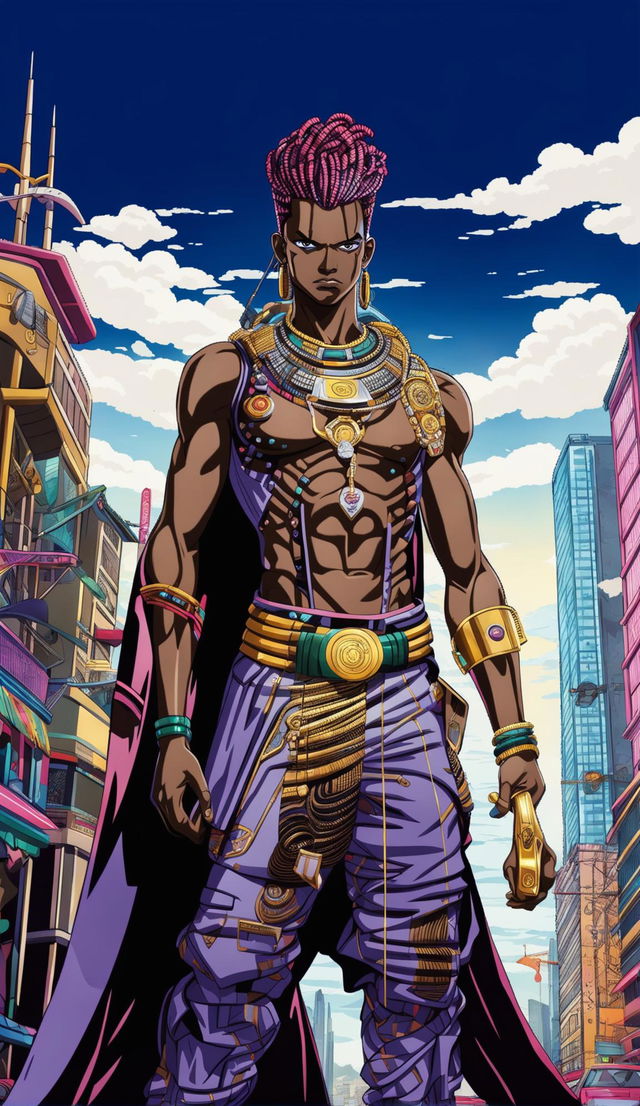 Anime-style dark-skinned Ethiopian warrior, holding gold menacingly in a futuristic African city