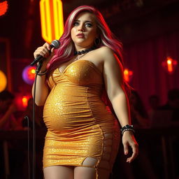 A full-length portrait of a beautiful, plump, yet shapely girl with a tight round belly and thick hips