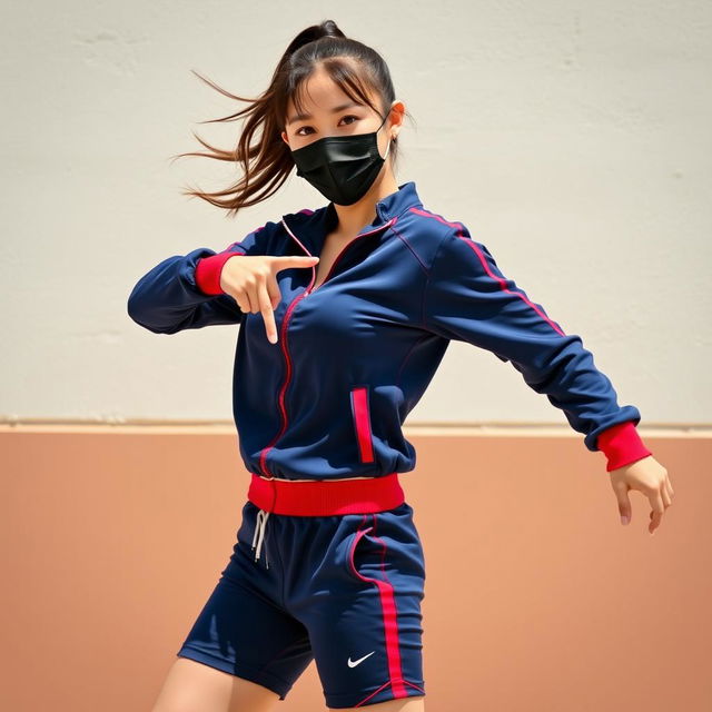 A young woman striking a dynamic and confident pose outdoors in front of a light-colored textured wall