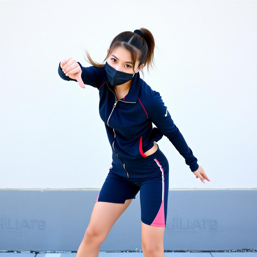 A young woman striking a dynamic and confident pose outdoors in front of a light-colored textured wall