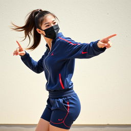 A young woman striking a dynamic and confident pose outdoors in front of a light-colored textured wall
