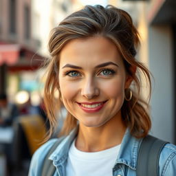 A 35-year-old woman with European features, showcasing a blend of Scandinavian, Slavic, and Mediterranean characteristics