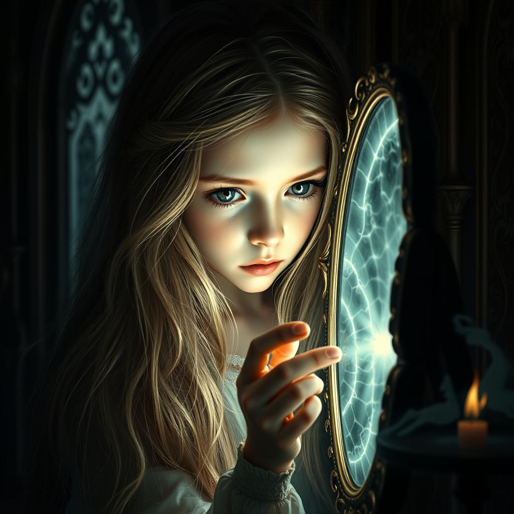 A beautiful young girl with long flowing hair is gazing into a small ornate mirror, her expression enigmatic and mystical