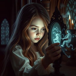 A beautiful young girl with long flowing hair is gazing into a small ornate mirror, her expression enigmatic and mystical
