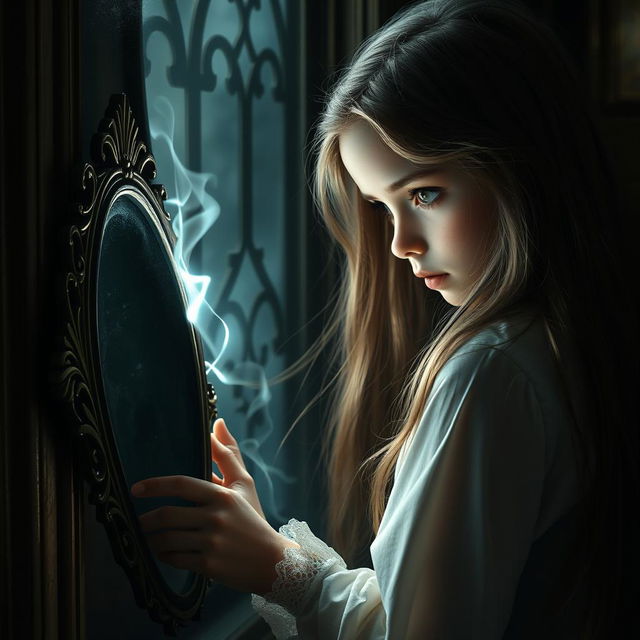 A beautiful young girl with long flowing hair is gazing into a small ornate mirror, her expression enigmatic and mystical