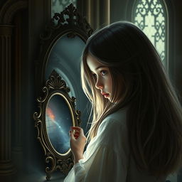 A beautiful young girl with long flowing hair is gazing into a small ornate mirror, her expression enigmatic and mystical