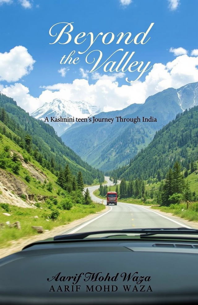 A scenic image depicting a vehicle navigating through the stunning mountains of Kashmir, with lush greenery and snow-capped peaks in the background