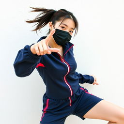 A young beautiful Korean woman striking a dynamic and confident pose outdoors in front of a light-colored textured wall