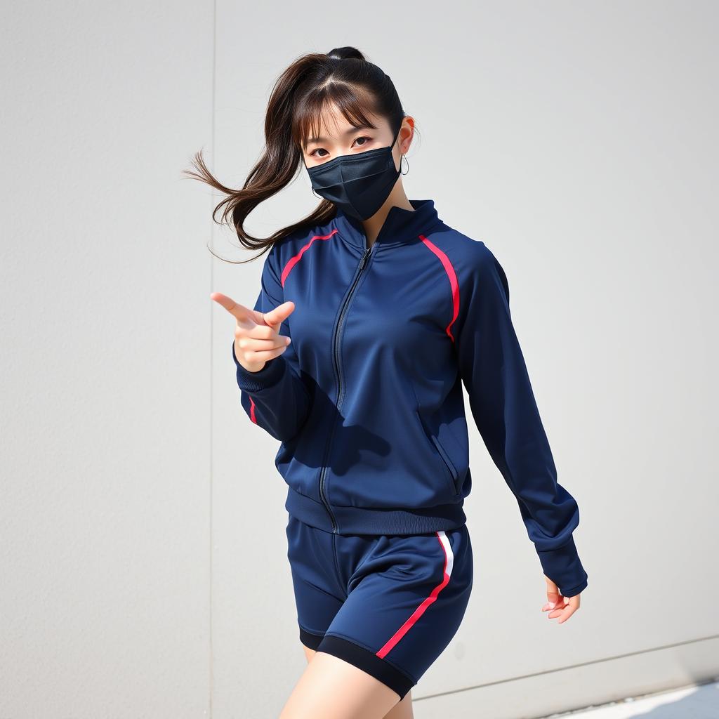 A young beautiful Korean woman striking a dynamic and confident pose outdoors in front of a light-colored textured wall