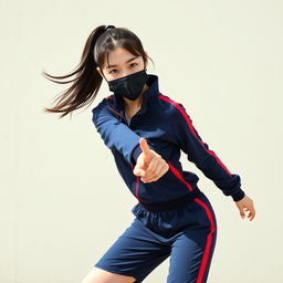 A young beautiful Korean woman striking a dynamic and confident pose outdoors in front of a light-colored textured wall
