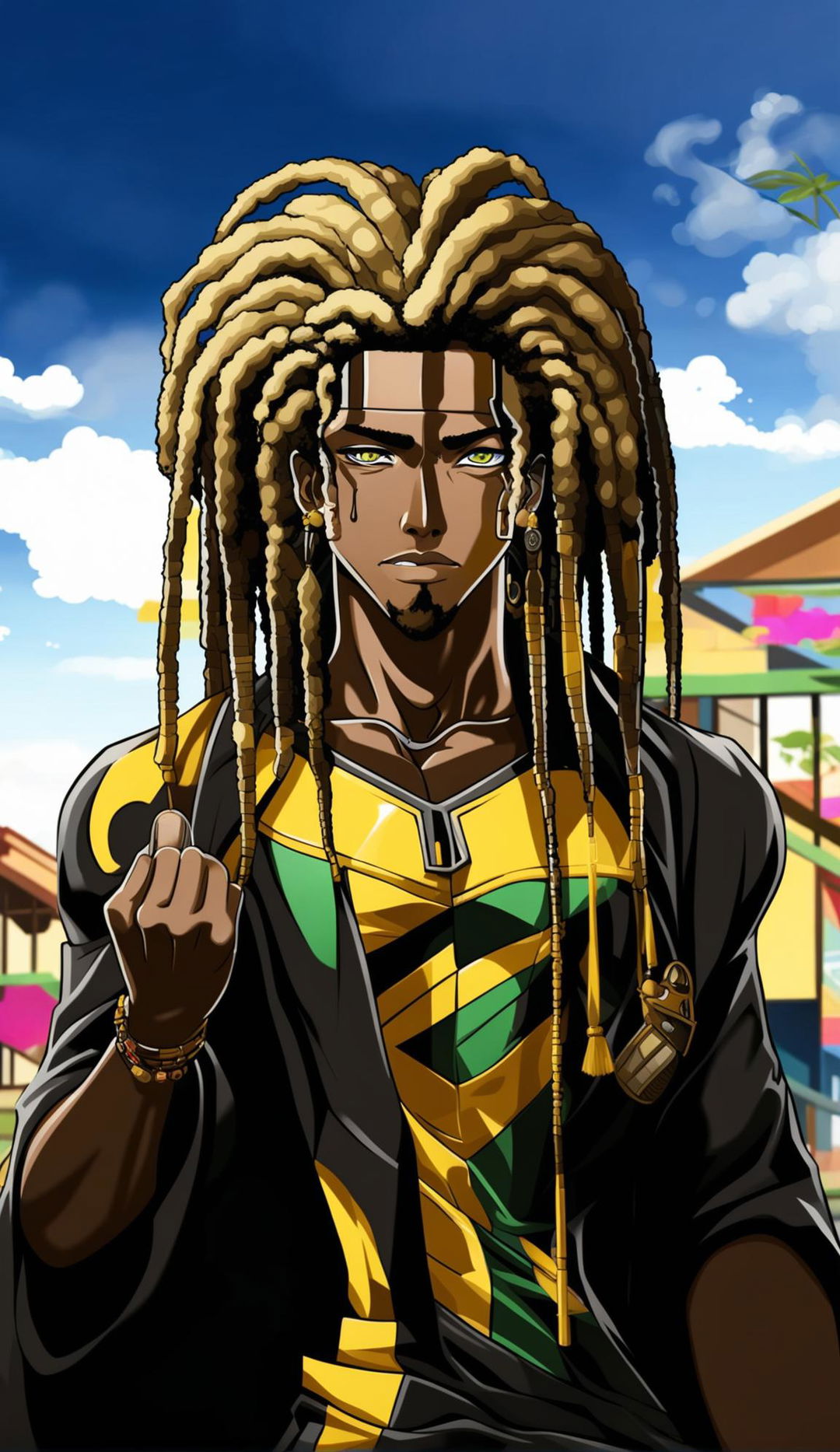 Anime-style -  Dark Skinned Dreadlocked Jamaican  Rastafarian - holding Marijuana menacingly in futuristic Jamaican city - Futuristic Rastafarian  Armor - | 32k HD Poster