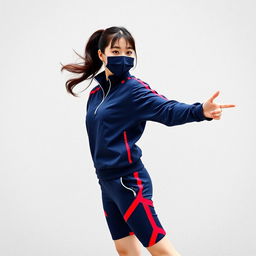A young beautiful Korean woman striking a dynamic and confident pose outdoors in front of a light-colored textured wall