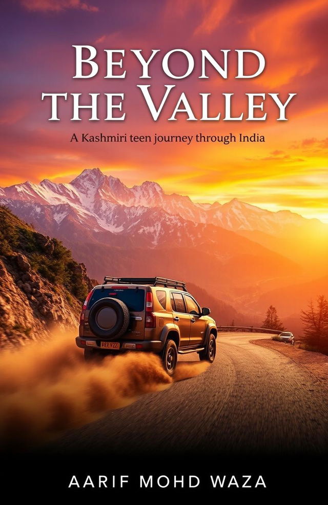 A dynamic and picturesque scene showcasing a vehicle racing down the rugged mountains of Kashmir towards the lush landscapes of India