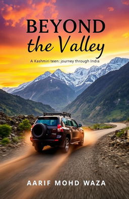 A dynamic and picturesque scene showcasing a vehicle racing down the rugged mountains of Kashmir towards the lush landscapes of India