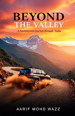 A dynamic and picturesque scene showcasing a vehicle racing down the rugged mountains of Kashmir towards the lush landscapes of India