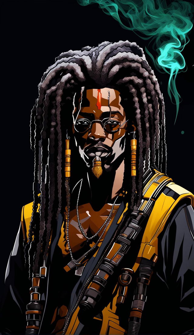 Anime-style -  Very Dark Skinned Dreadlocked Jamaican Rastafarian - Smoking menacingly in Dark futuristic Jamaican city - Futuristic Rastafarian  Armor - | 32k HD Poster