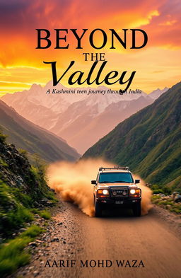 A dynamic and picturesque scene showcasing a vehicle racing down the rugged mountains of Kashmir towards the lush landscapes of India