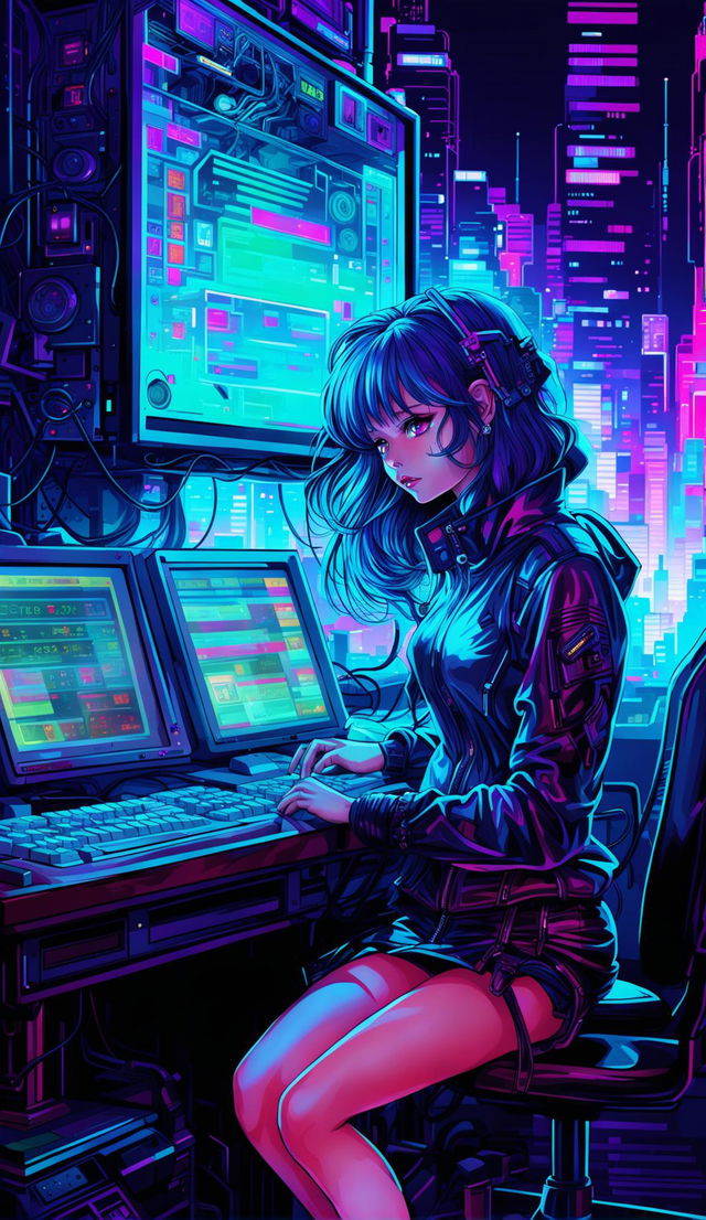 Anime-style -  mega computer in cyberpunk city - lots of neon coloring