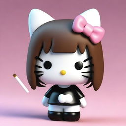 A 3D depiction of Hello Kitty featuring long eyelashes and straight brown hair