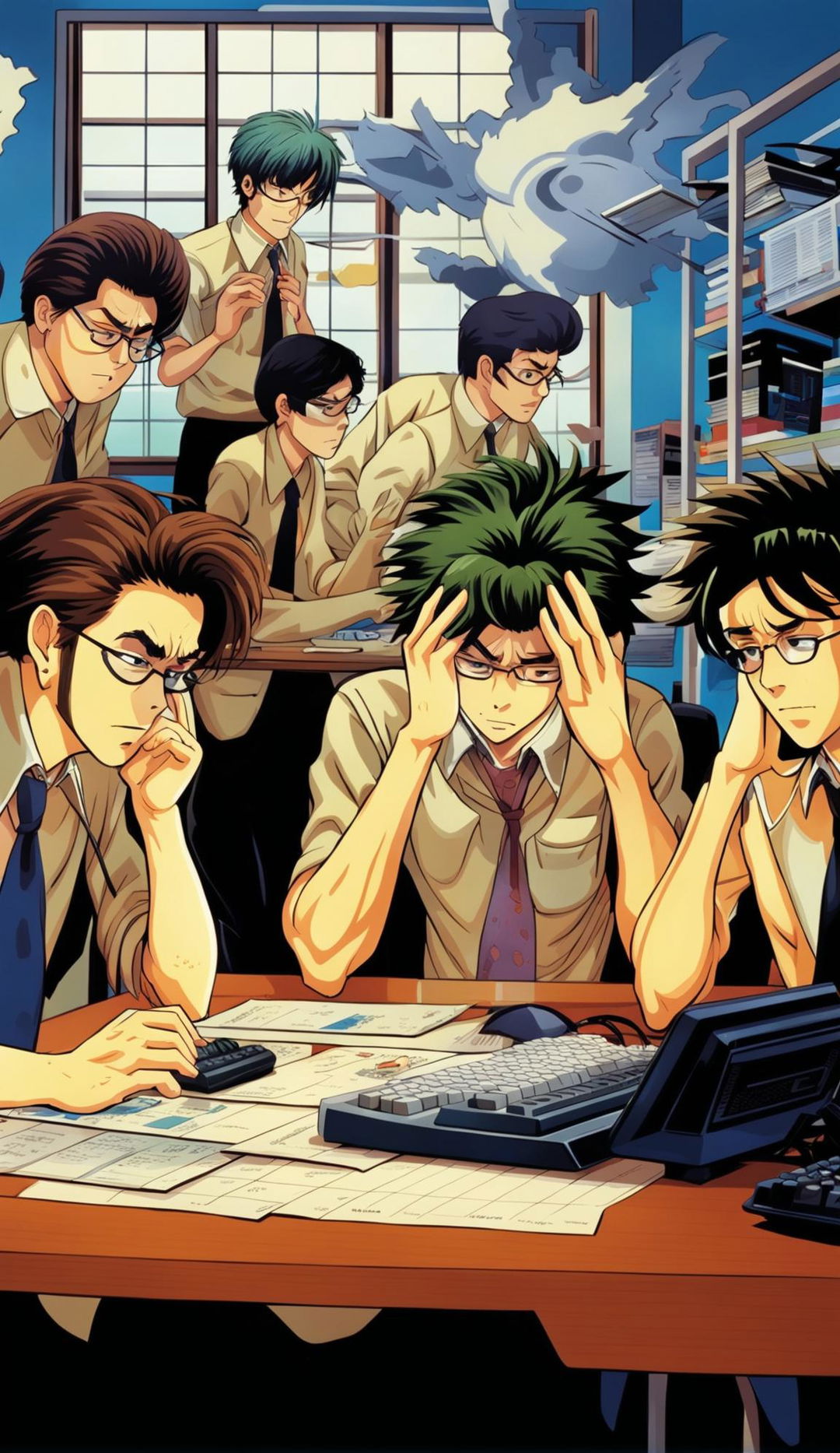 Anime-style - sweaty nerds working in an office - all looking stressed