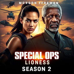 A dramatic promotional image for 'SPECIAL OPS: Lioness Season 2 (2024)' featuring Zoë Saldaña and Morgan Freeman