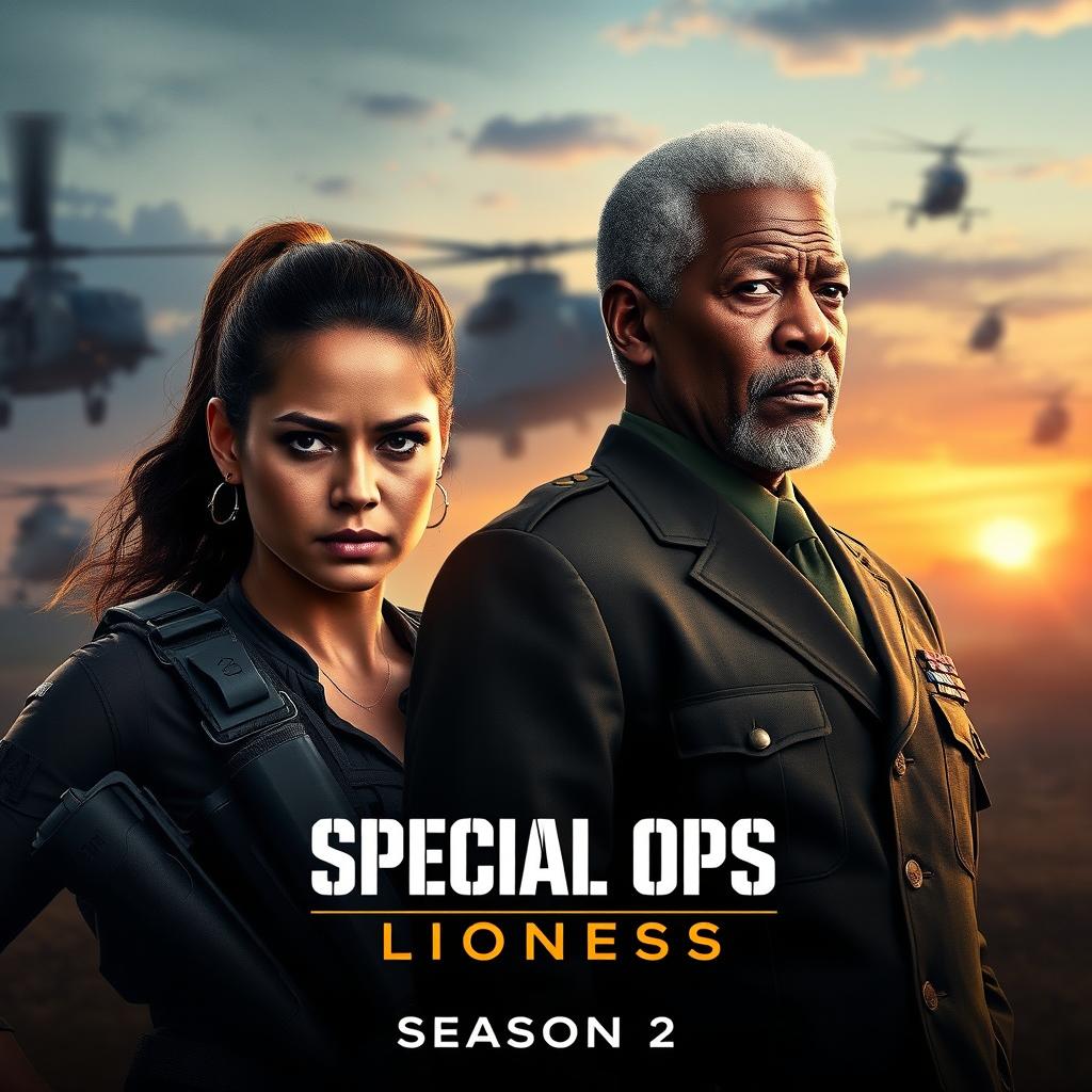 A dramatic promotional image for 'SPECIAL OPS: Lioness Season 2 (2024)' featuring Zoë Saldaña and Morgan Freeman