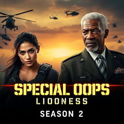 A dramatic promotional image for 'SPECIAL OPS: Lioness Season 2 (2024)' featuring Zoë Saldaña and Morgan Freeman