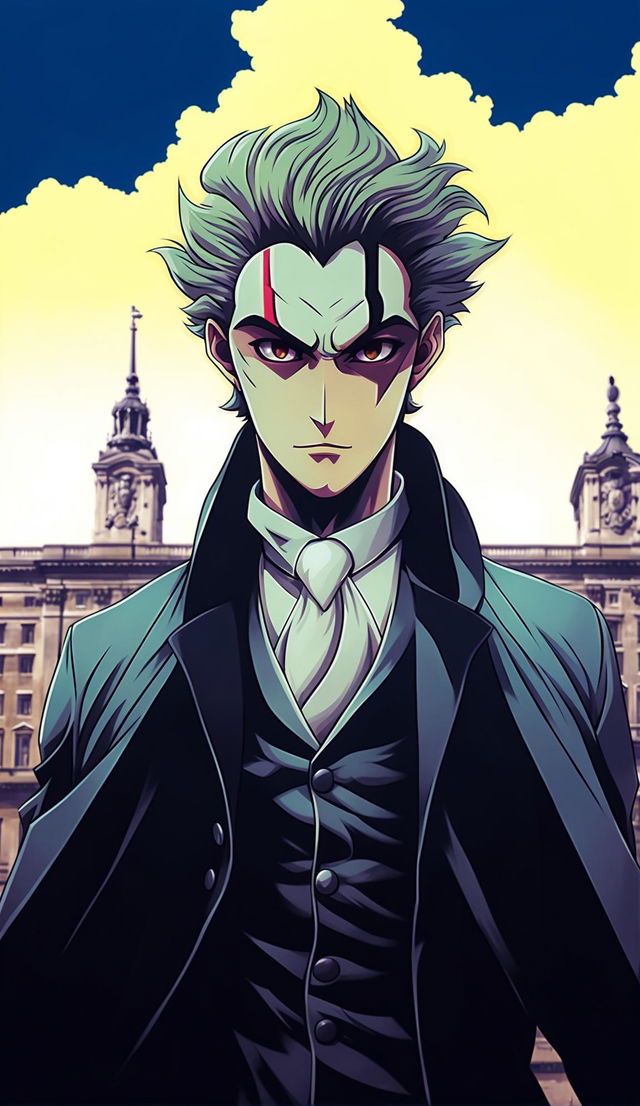 British anime villain, 32k HD poster, in front of buckingham palace