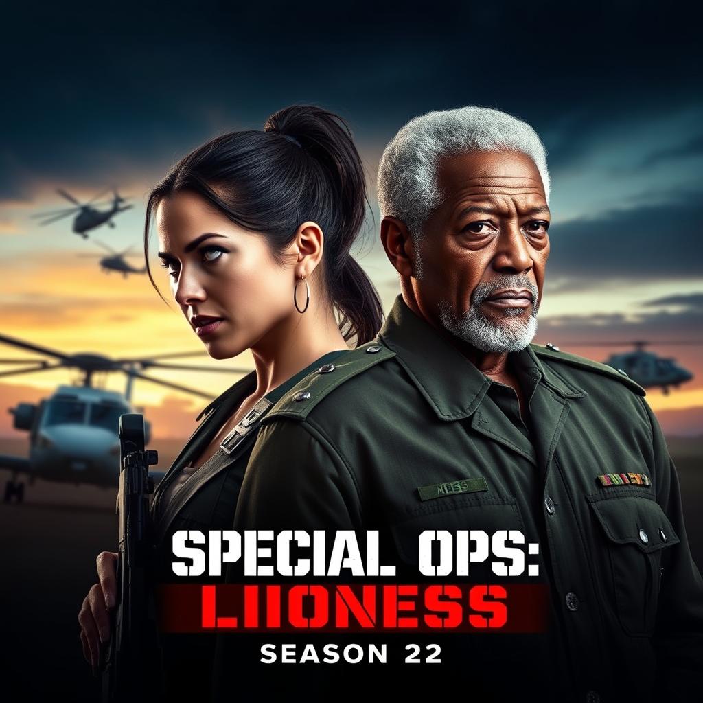 A captivating promotional image for 'SPECIAL OPS: Lioness Season 2 (2024)' featuring Zoë Saldaña and Morgan Freeman