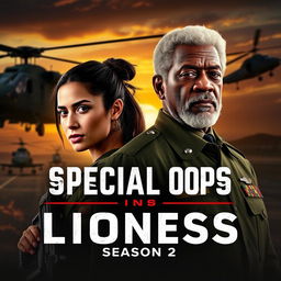 A captivating promotional image for 'SPECIAL OPS: Lioness Season 2 (2024)' featuring Zoë Saldaña and Morgan Freeman