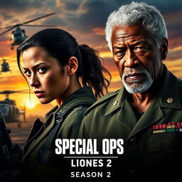A captivating promotional image for 'SPECIAL OPS: Lioness Season 2 (2024)' featuring Zoë Saldaña and Morgan Freeman