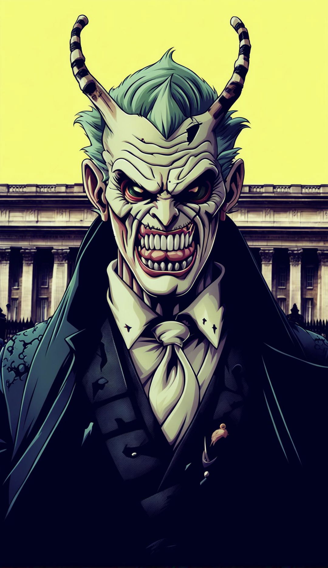 British anime villain with rotted teeth, 32k HD poster, in front of buckingham palace