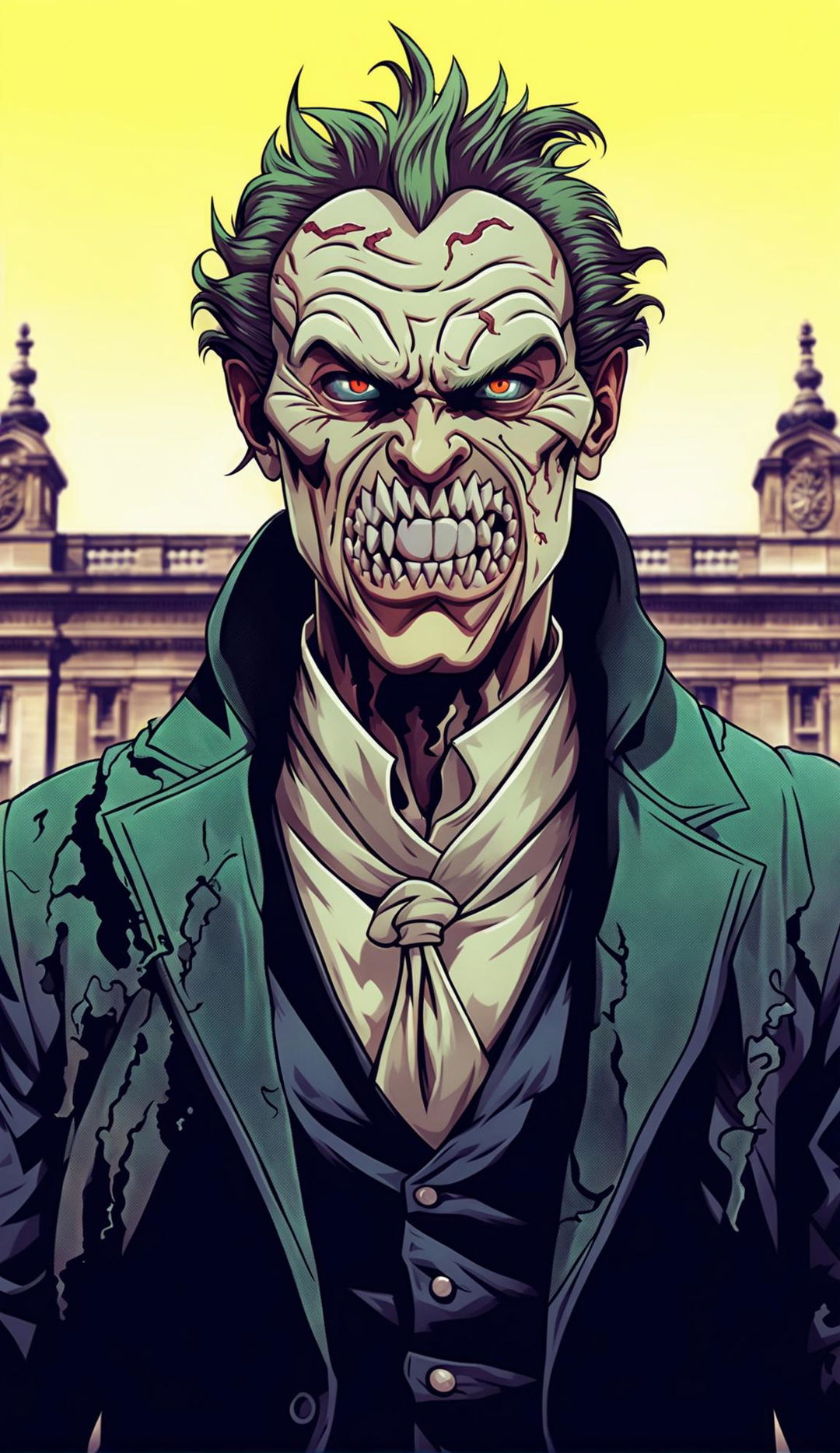 British anime villain with rotten teeth, 32k HD poster, in front of buckingham palace - frail