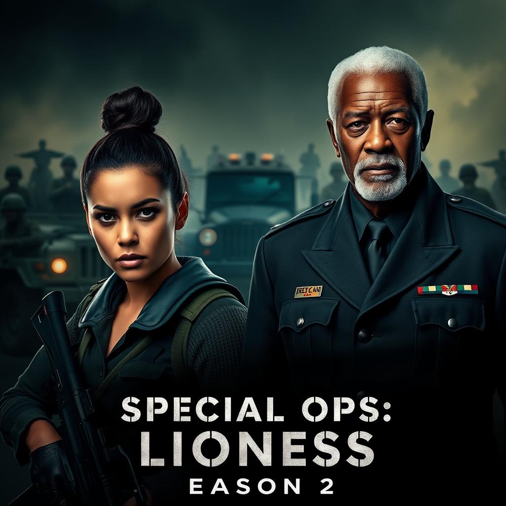 A gripping promotional image for 'SPECIAL OPS: Lioness Season 2 (2024)' featuring Zoë Saldaña and Morgan Freeman