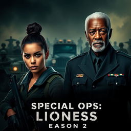 A gripping promotional image for 'SPECIAL OPS: Lioness Season 2 (2024)' featuring Zoë Saldaña and Morgan Freeman