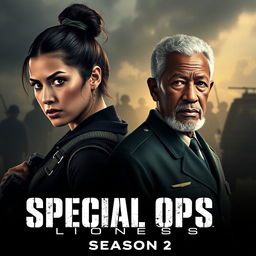 A gripping promotional image for 'SPECIAL OPS: Lioness Season 2 (2024)' featuring Zoë Saldaña and Morgan Freeman