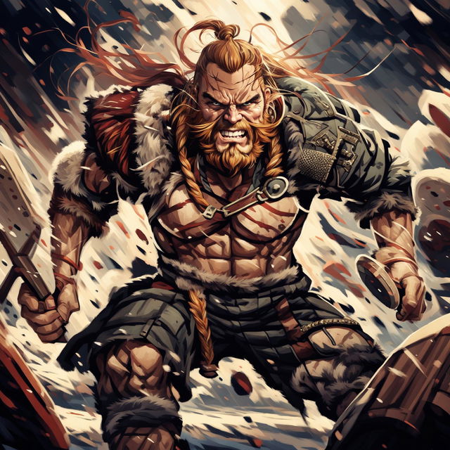 A wild-eyed Viking man in traditional attire charges forward in battle, wielding a massive double-headed axe.