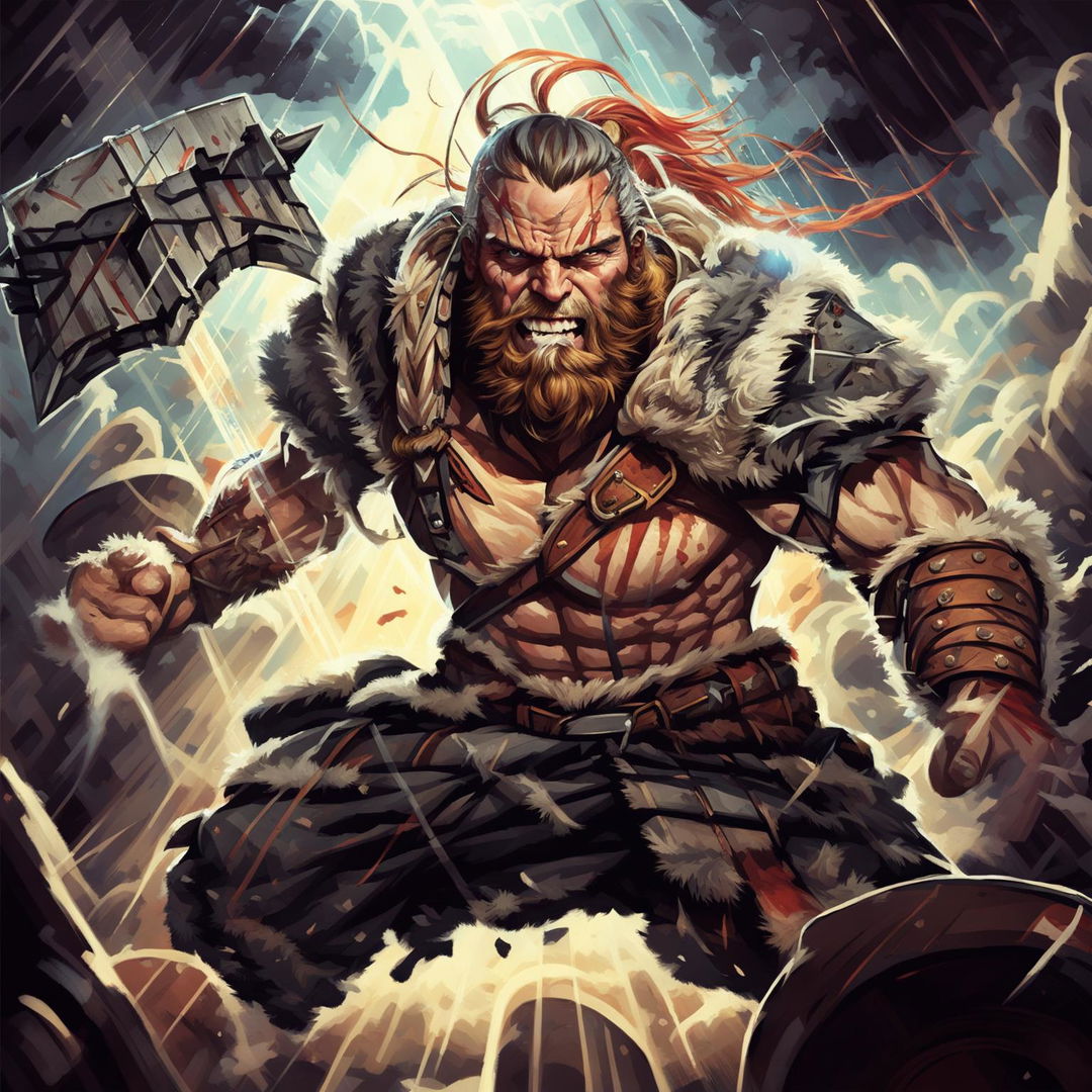 A wild-eyed Viking man in traditional attire charges forward in battle, wielding a massive double-headed axe that channels a lightning strike towards his enemies