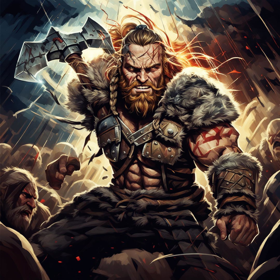 A wild-eyed Viking man in traditional attire, giving his all in battle, channels a lightning strike through his double-headed axe towards his enemies