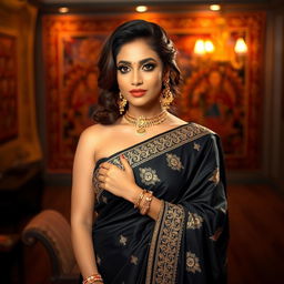 A stunning Indian woman in a flowing black saree, elegantly draped, exuding grace and poise