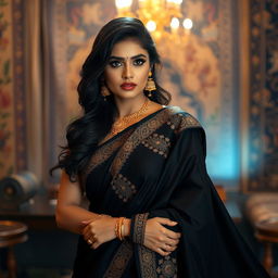 A stunning Indian woman in a flowing black saree, elegantly draped, exuding grace and poise