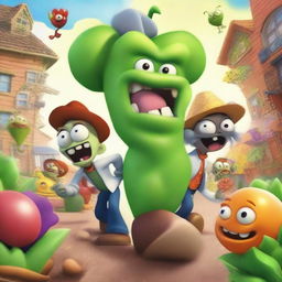 A movie poster for a Pixar rendition of Plants vs Zombies, brimming with lively characters and vivid scenes, featuring the comedic charm of Pixar and the quirky appeal of Plants vs Zombies