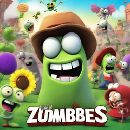 A movie poster for a Pixar rendition of Plants vs Zombies, brimming with lively characters and vivid scenes, featuring the comedic charm of Pixar and the quirky appeal of Plants vs Zombies