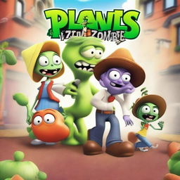 A movie poster for a Pixar rendition of Plants vs Zombies, brimming with lively characters and vivid scenes, featuring the comedic charm of Pixar and the quirky appeal of Plants vs Zombies