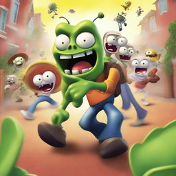 A Pixar-style movie poster featuring Plants vs Zombies characters in a dynamic, action-packed scene.